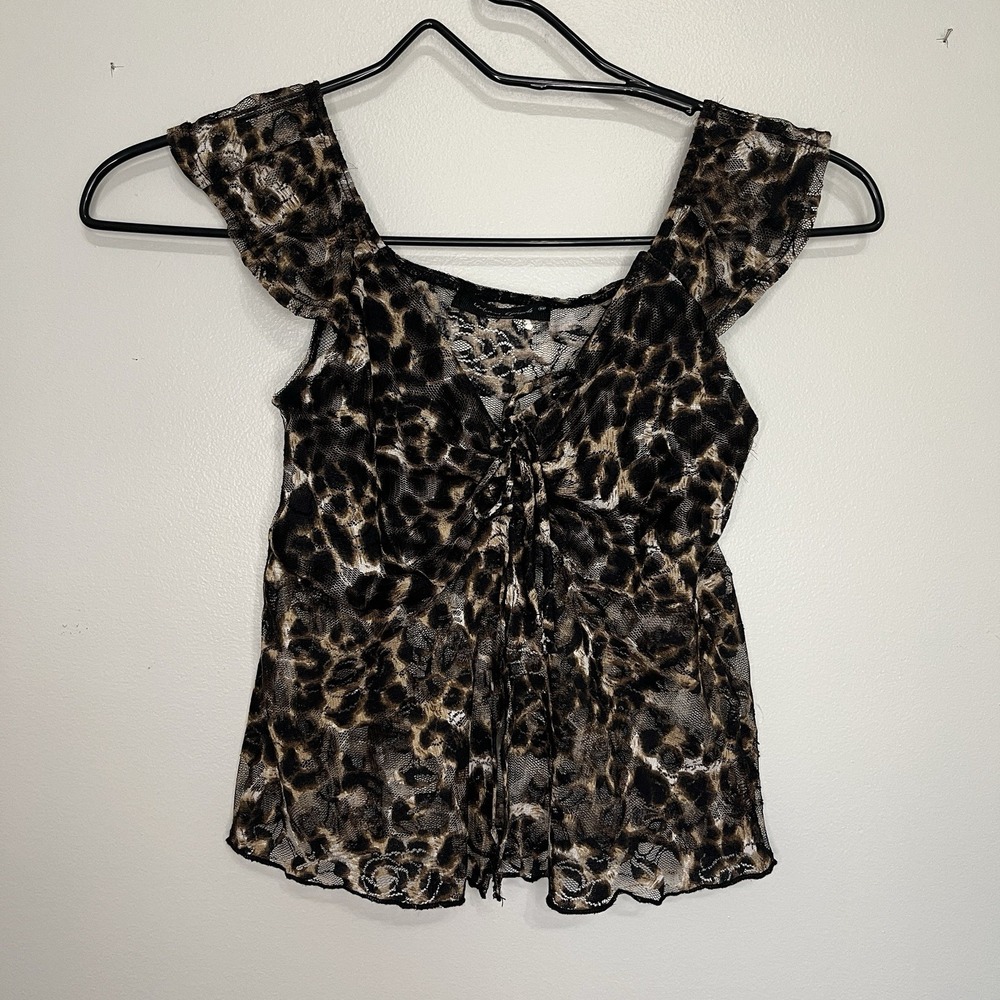 Y2K Mesh Leopard Print Crop Top Juniors XS Going Out Top Dainty Flutter Sleeve